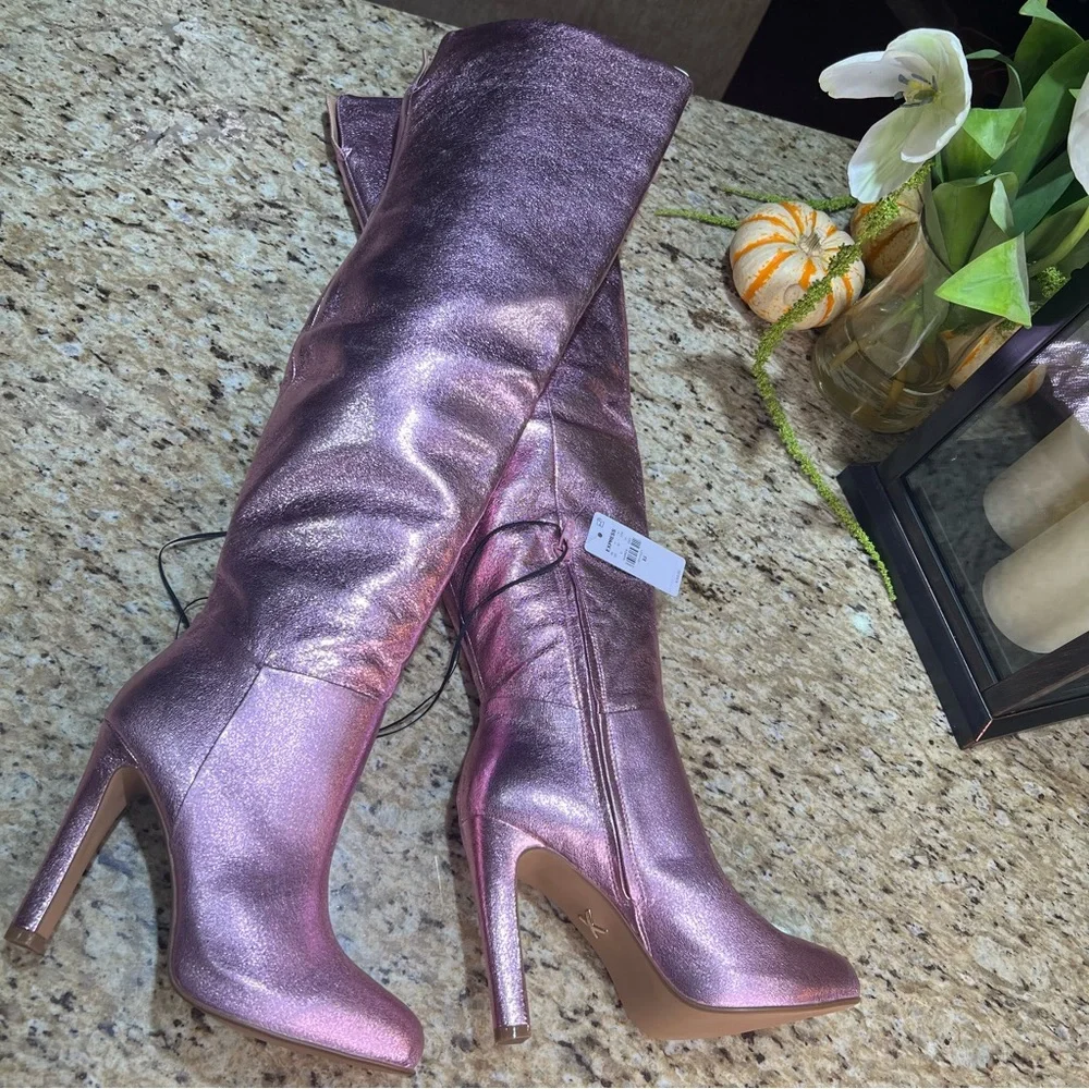 Brian Atwood x Express Bubble Metallic Over The Knee Heeled Boots 9